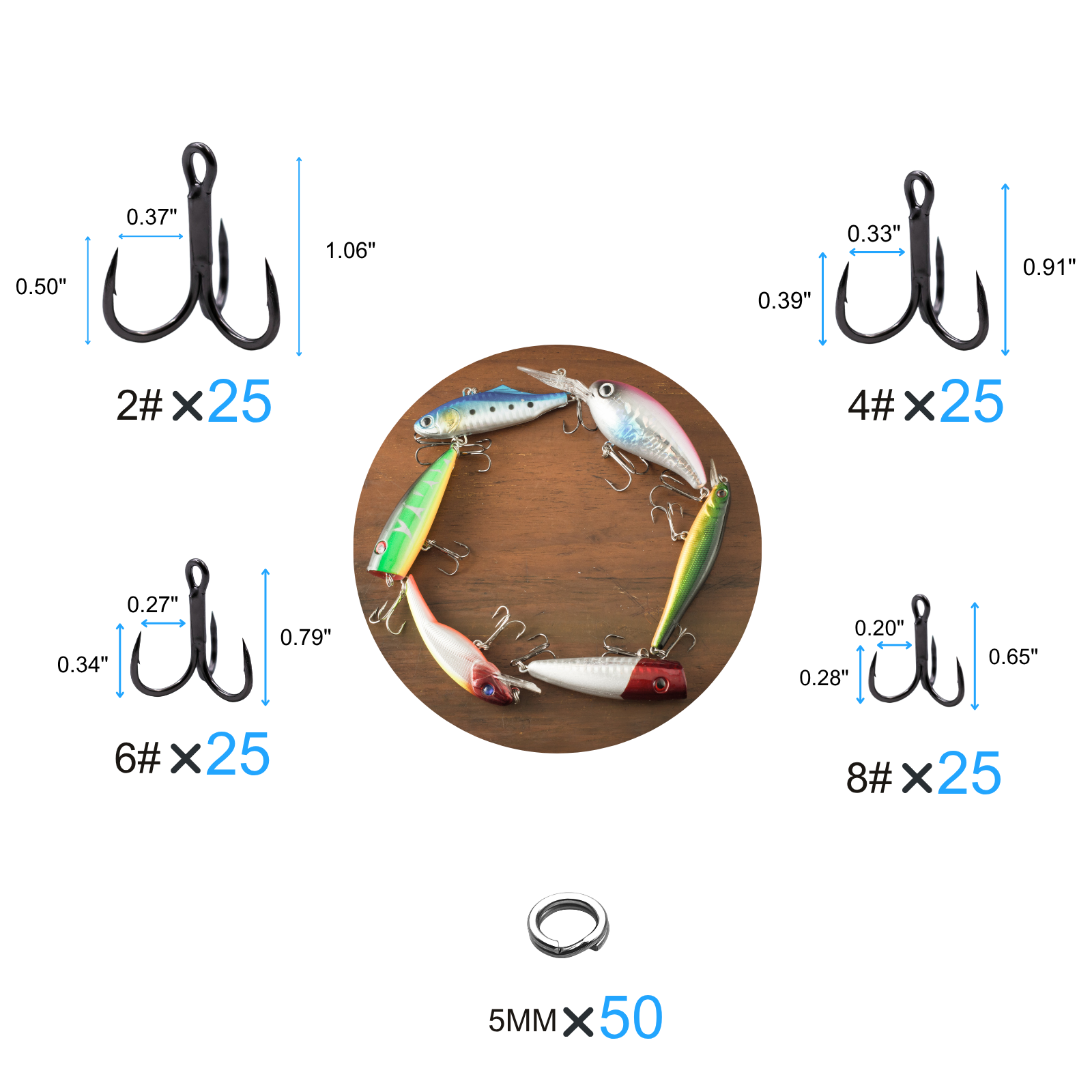 ELLYCIO 150Pcs Treble Hooks Set, High Carbon Steel Fishing Hooks Replacement Kit - Extra Sharp Round Bend Treble Fishing Hooks with Split Rings for Lure, Saltwater & Freshwater, Bass Fishing Size 2# 4# 6# 8# — Thumbnail 4